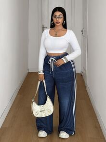 Maweii Plus Size Navy Blue Effect Print Contrast Stripe Drawstring Waist Sweatpants Airport Workout Summer Casual Western - Multicolor - View 5