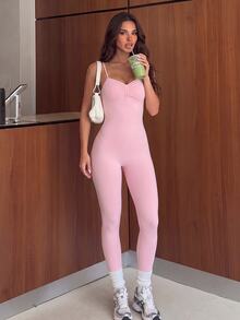 Dewbera Dewbera 1pc Women's Pink Long Leg Adjustable Shoulder Strap Ruched Bust Jumpsuit - Dusty Pink - View 4