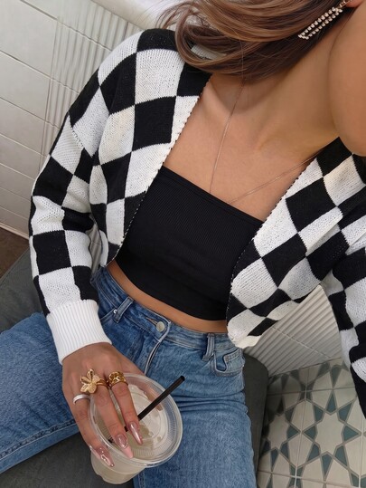 Easura Plus Size Versatile Checkerboard Contrast Color Long Sleeve Knit Cardigan