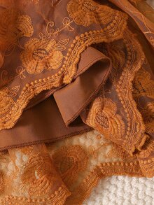 SHEIN 2件組新生兒春秋款酒紅色甜美公主風蝴蝶結蕾絲網紗拼接長袖洋裝附髮帶套裝，寬鬆舒適版型，適合日常外出、滿月宴、周歲生日派對、節日聚會、拍照攝影 - 橘色 - 查看 5