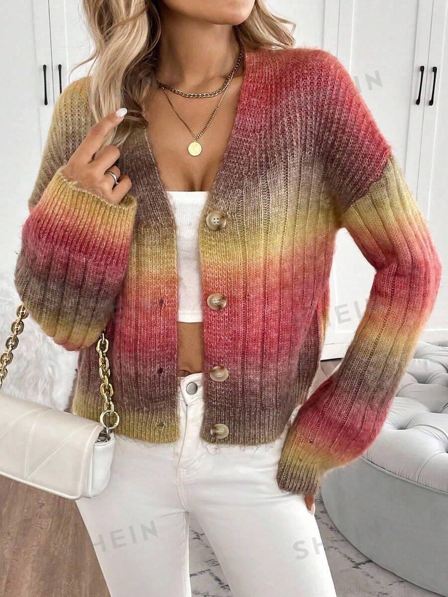EMERY ROSE Women's Tie-Dye Casual Versatile Daily Wear Long Sleeve Cardigan - Ginger - View 1