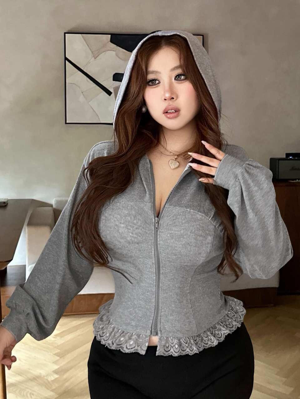 Dazy Plus Contrast Lace Trim Fitted Waist Long Sleeve Hooded Zip-Up Sweatshirt Casual Girl Sweatshirt Fall