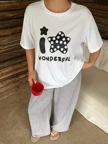 Dazy Plus 卡通印花寬鬆上衣與長褲兩件式睡衣套裝，適合春夏秋季 - 白色 - 查看 5