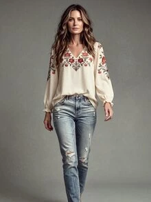 OPHERINE Women's Autumn Casual Floral Print Top - Apricot - View 4