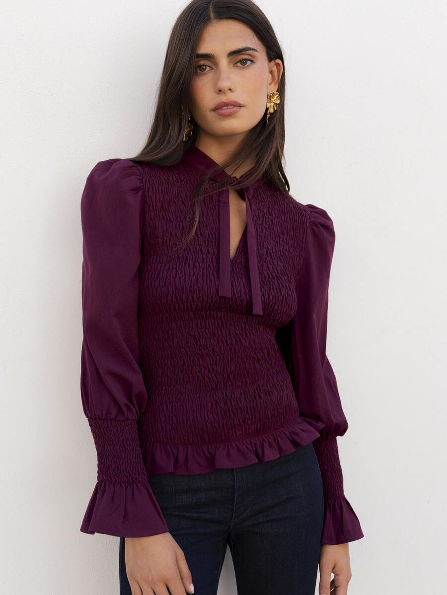 Nöista Deep Purplish-Red Fitted Top ,Ruffles, Softness, Elegance, French Romance. Versatile Piece For The Urban Woman's Wardrobe,Fall/Winter.. - Purple - View 1