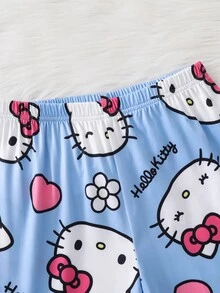 HELLO KITTY AND FRIENDS | SHEIN Tween Girls Cartoon Print Fitted Crew Neck Long Sleeve Top And Pants 2 Pieces Loungewear Set - Baby Blue - View 7