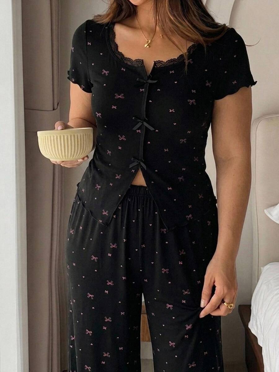 Dazy Plus 2pcs Lace Patchwork Short Sleeve Cardigan Top & Straight Leg Long Pajama Pants Sleepwear Set - Black - View 1