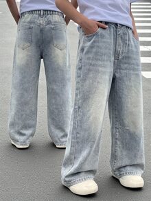 Genkimix Kids Denimly 青少年男孩休閒日常都市街頭直筒牛仔褲，彈性腰頭、拉鍊門襟、破洞設計 - 淺色水洗藍 - 查看 1