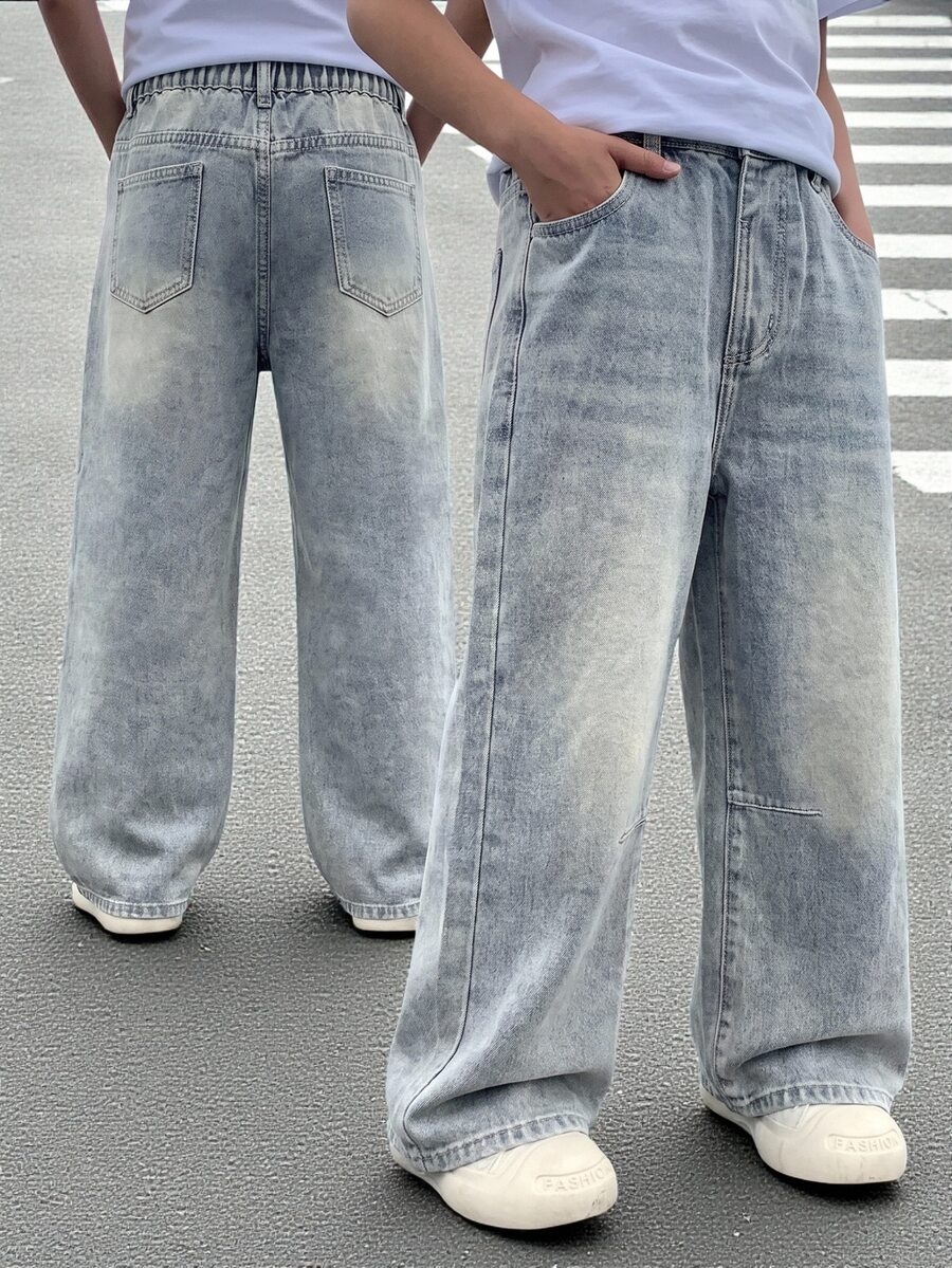 Genkimix Kids Denimly 青少年男孩休閒日常都市街頭直筒牛仔褲,彈性腰頭、拉鍊門襟、破洞設計 - 淺色水洗藍 - 查看 1