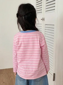 Dazy Kids 女童秋季休閒條紋長袖T恤 - 珊瑚粉 - 查看 2