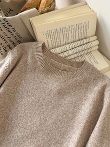 CosyJoli Gentle French Lace Patchwork Round Neck Long Sleeve Sweater - Camel - View 5