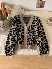 CosyJoli Women's Versatile Vintage Leopard Print Button-Up Knit Cardigan - Khaki - View 5
