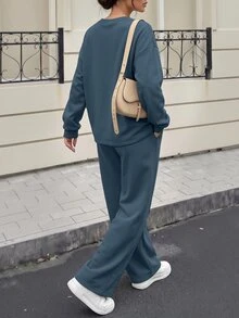 SHEIN 秋季休閒純色運動衫與運動長褲2件套 - 藍色 - 查看 2