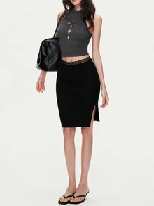 Rina Fox Women's Solid Color Lace Patchwork Side Slit Sexy Skirt - Black - View 3