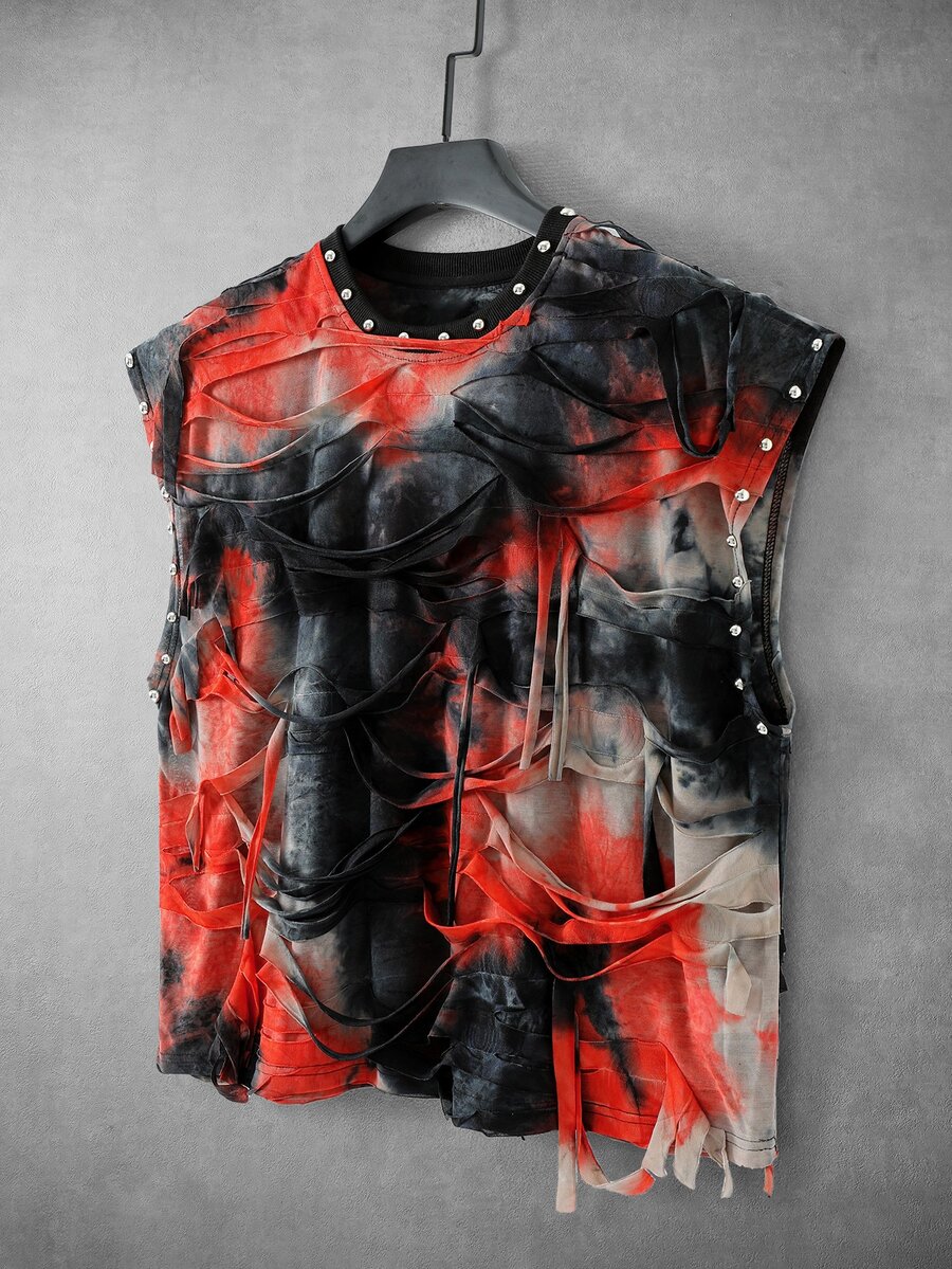 ROMWE MEN Street Life Men's Tie-Dye Rivet Decor Casual Versatile Daily Wear Top - Orange - View 1