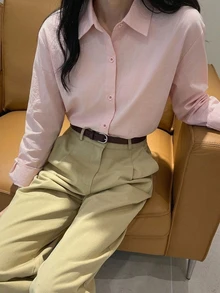 DAZY 女款純色休閒百搭日常穿著長袖襯衫 秋季 - 粉色 - 查看 4