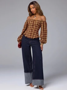 NYA SZN Autumn Fashion Plaid Shoulder Top - Red - View 4