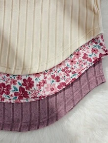 SHEIN 少女 3 件套，溫柔復古風，花卉長袖上衣，修身長褲搭配純色羅紋紋理，小花刺繡上衣配圓弧下擺，寬鬆褲腿貼身剪裁，居家穿著，薄款春秋套裝，開學季 - 粉色 - 查看 4