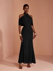JIAN LASALA Solid Cross Wrap Halter Neck Mermaid Hem Maxi Dress - Black - View 1