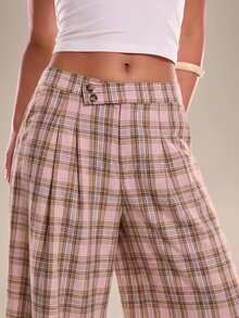 Avantive Women's Casual Commute Plaid Wide Leg Long Pants - Pink - View 4