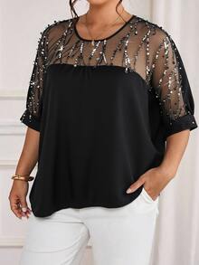 Cravure Plus Size Round Neck 3/4 Sleeve Short Sleeve Gold Foil Fabric Patchwork Contrast Woven Fabric Cuff Raglan Sleeve Casual Outing Vacation Commute Party Pullover Shirt - Black - View 5