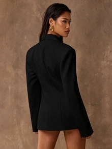 SHEIN BAE 女款純色翻領長袖單排扣西裝外套 - 黑色 - 查看 2