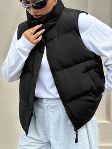 Dazy Plus Solid Color Casual Versatile Thermal Lined Thickened Autumn/Winter Sleeveless Vest Women's Padded Coat Jacket - Black - View 5
