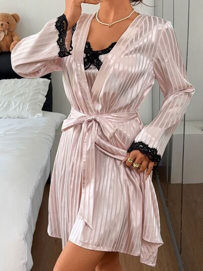 DAZY Women's Lace Trim Camisole Nightgown & Robe Pajama Set