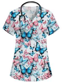 PopScrub Blue Women's V-Neck Short Sleeve Double Pocket Cartoon Print, Pattern Design Print Nurse/Doctor Work Uniform Top/Health Checkup Scrub Uniform, Colorful Butterfly, Blue Butterfly, Pink Butterfly Cartoon Print Pattern Design Print Nurse, Lab, Doctor Work Uniform, Multi-Pocket Functional Women's Top - Blue - View 1