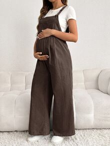 SHEIN 孕婦休閒水洗牛仔吊帶褲 - 棕色 - 查看 5