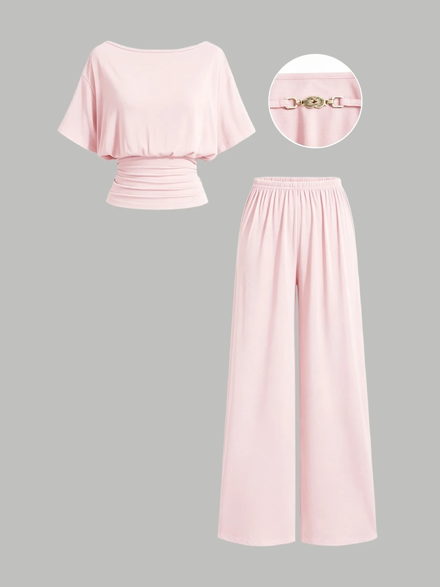 Sweetra New Backless Top And High-Waisted Straight Leg Pants 2 Pieces Set, Suitable For Commuting And Streetwear - Pink - View 1