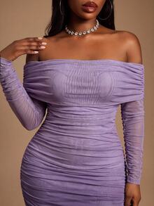 Radiana Curve Plus Size Elegant Off-Shoulder Gradient Ruched Fitted Dress Fall - Purple - View 6