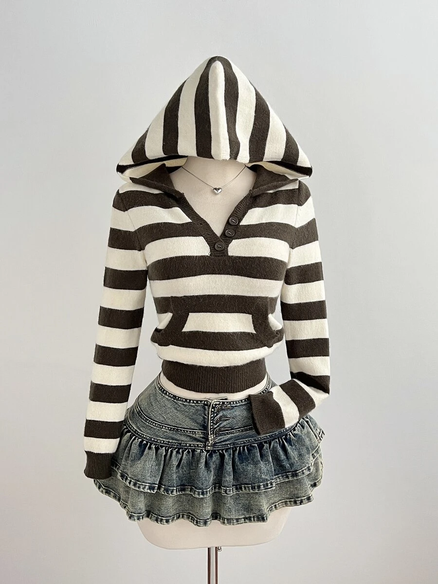 Elamini Women's Autumn/Winter Vintage Lazy Versatile Daily Commute Photo-Ready Striped Hooded Pullover Sweater - Multicolor - View 1