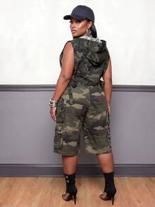 Slaydiva Plus Size Summer Casual Camouflage Print Sleeveless Jacket Fall - Army Green - View 4