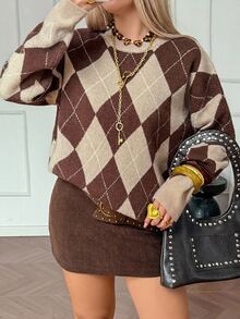 Dazy Plus Brown Colorblock Patchwork Argyle Loose Casual Versatile Pullover Sweater, Autumn/Winter - Brown - View 1