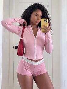 SHEIN Core Rhythm Women's Solid Color Zipper Front Sports Jacket - Baby Pink - View 5