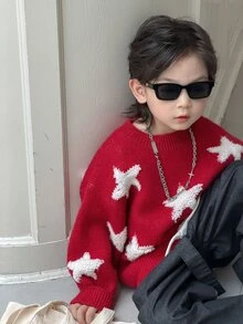 Dazy Kids Young Boy Star Loose Crew Neck Pullover Casual Long Sleeve Autumn/Winter Sweater - Red - View 8
