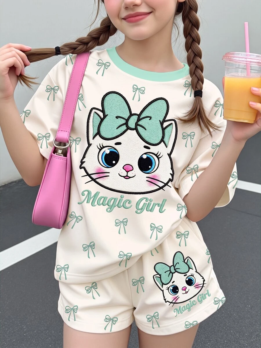 女童休閒簡約可愛刺繡紋理卡通小貓圖案,綠色蝴蝶結波點短袖短褲兩件套,適合夏季,圖案、卡哇伊、Y2K、舒適,女童套裝,小貓 - 彩色 - 查看 1