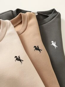SHEIN 小男孩裝飾性小馬印花圓領長袖套頭運動衫與鬆緊腰長褲 6 件套，秋冬款 - 彩色 - 查看 4