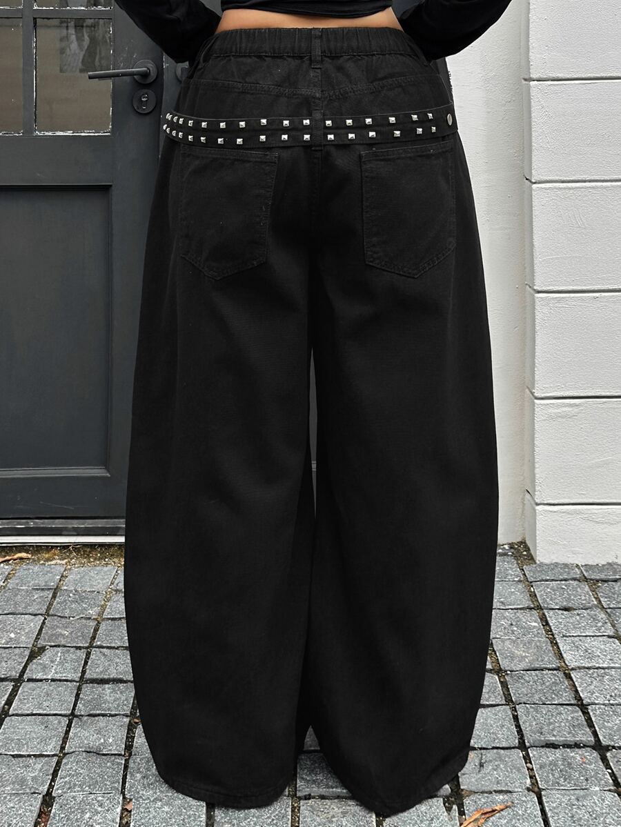 Dazy Plus Loose Fit Solid Color Street Casual Curved Leg Long Jeans With Rivet Design, Spring/Autumn/Winter - Black - View 1