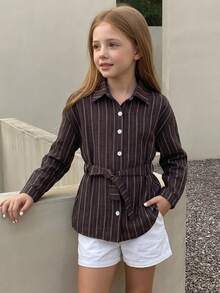 DAZY Tween Girl) Striped Long Sleeve Fashion Tie-Front Casual Shirt, Autumn New Arrival - Brown - View 5