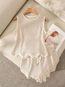Story & Sage Casual Home Vacation Women's 2 Pieces Set Spring Summer Contrast Trim Striped Apricot White Sleeveless Tank Top And Shorts Set With Pockets - Multicolor - View 3