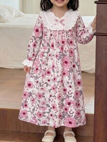 SHEIN LMoss Kids 少女寬鬆休閒蕾絲拼接碎花居家服 - 粉色 - 查看 1