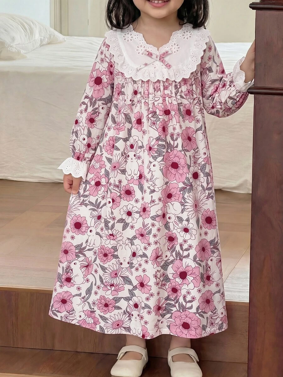 SHEIN LMoss Kids 少女寬鬆休閒蕾絲拼接碎花居家服 - 粉色 - 查看 1
