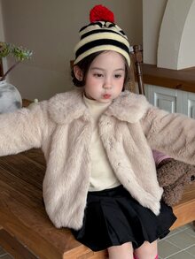 DAZY Infant/Toddler (Girl) Solid Color Oversized Collar Korean Style Velvet Long Sleeve Autumn/Winter Jacket - Coffee Brown - View 4