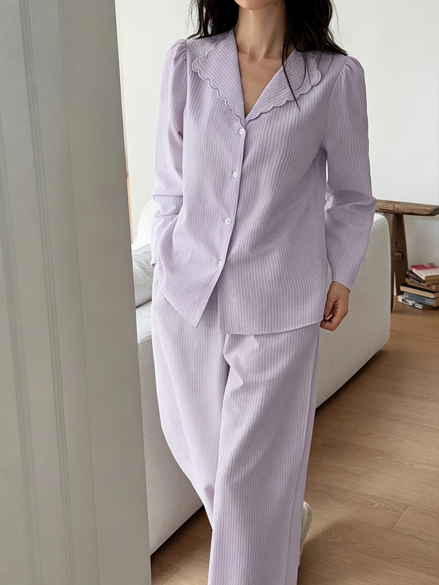 DAZY Striped Textured Fabric Embroidered Wavy Collar Petal Sleeve Women's Pajama Set - Mauve Purple - View 1
