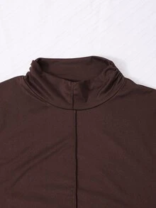 SHEIN 青少年女孩秋季洋裝，復古棕色立領長袖中長洋裝，收腰 A 字大裙擺 - 棕色 - 查看 3
