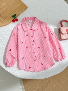 SHEIN 少女可愛時尚休閒百搭翻領條紋水果圖案落肩寬鬆長袖襯衫，學院風，返校季 - 淺粉色 - 查看 3