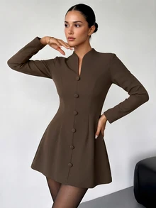 Firerie Women's Solid Color Button Design Long Sleeve Elegant Short Dress - Brown - View 5
