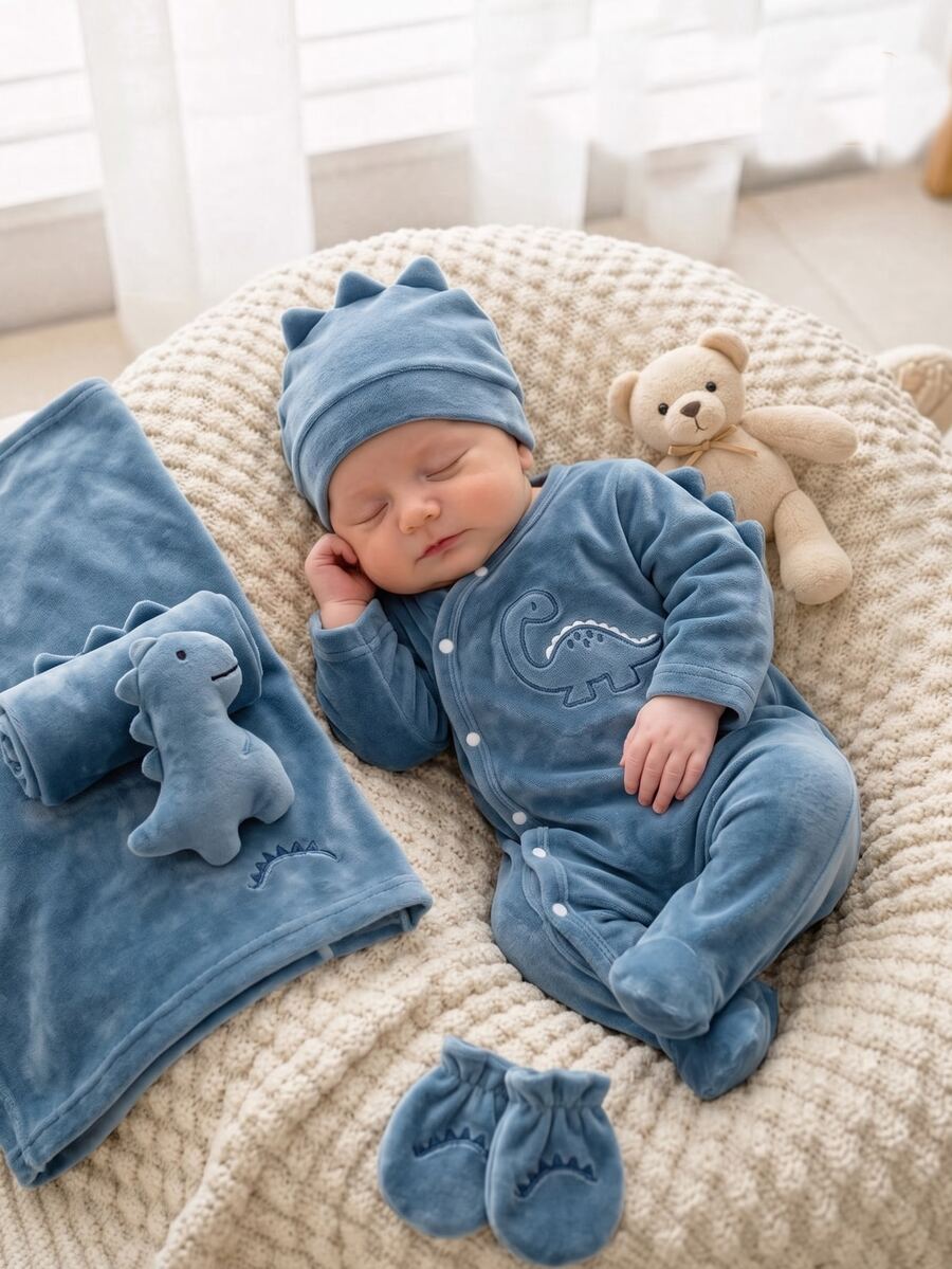 Newborn Dusty Blue Dinosaur Embroidered 3D Triangle Decor Round Neck Asymmetric Front Closure Footed Jumpsuit Hat Home Wear Set Sleep Autumn Baby - Navy Blue - View 1